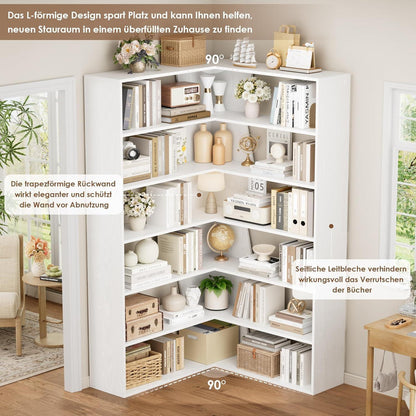 Eckregal 190cm – Stehendes Bücherregal mit 6 Ebenen, Weiß