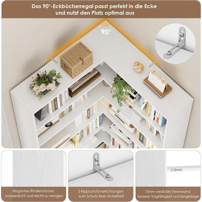 Eckregal 190cm – Stehendes Bücherregal mit 6 Ebenen, Weiß