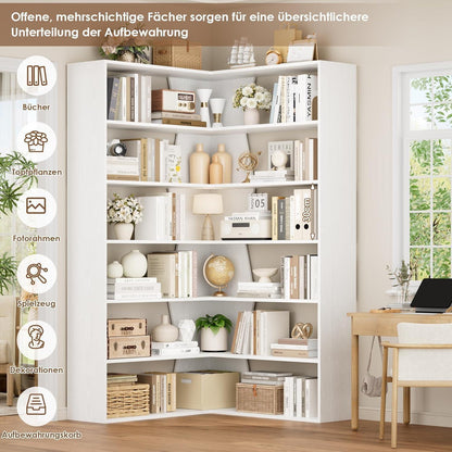 Eckregal 190cm – Stehendes Bücherregal mit 6 Ebenen, Weiß