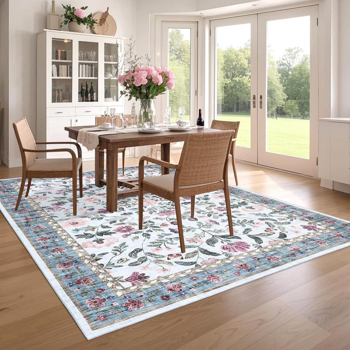 Waschbarer Teppich hellblau 120x170 cm – Rutschfest & Blumenmuster