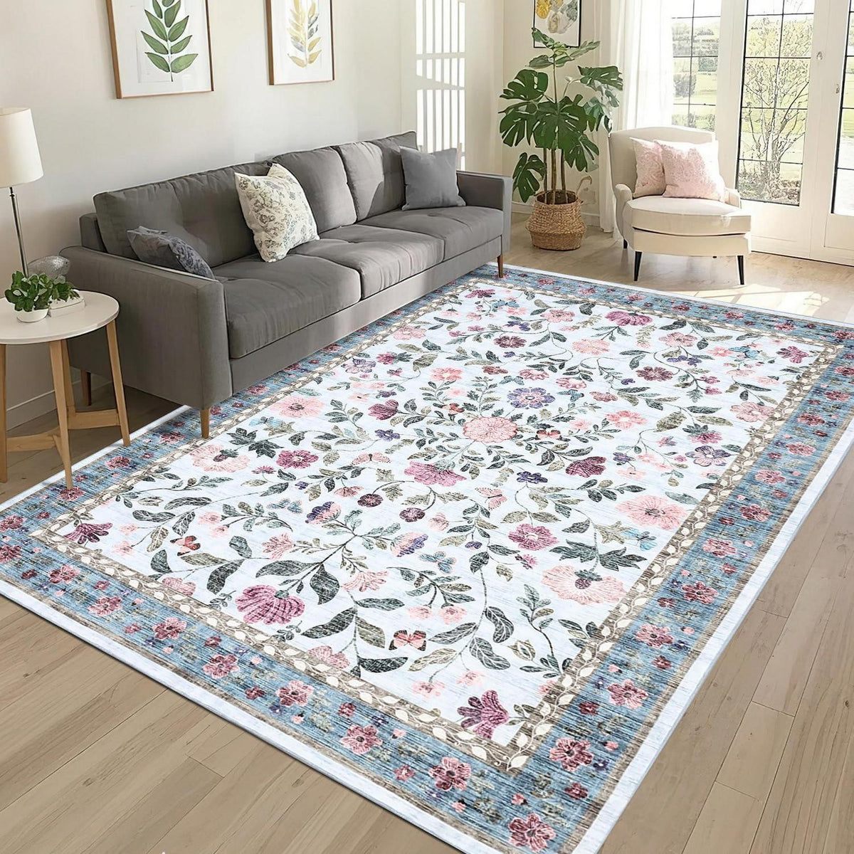 Waschbarer Teppich hellblau 120x170 cm – Rutschfest & Blumenmuster