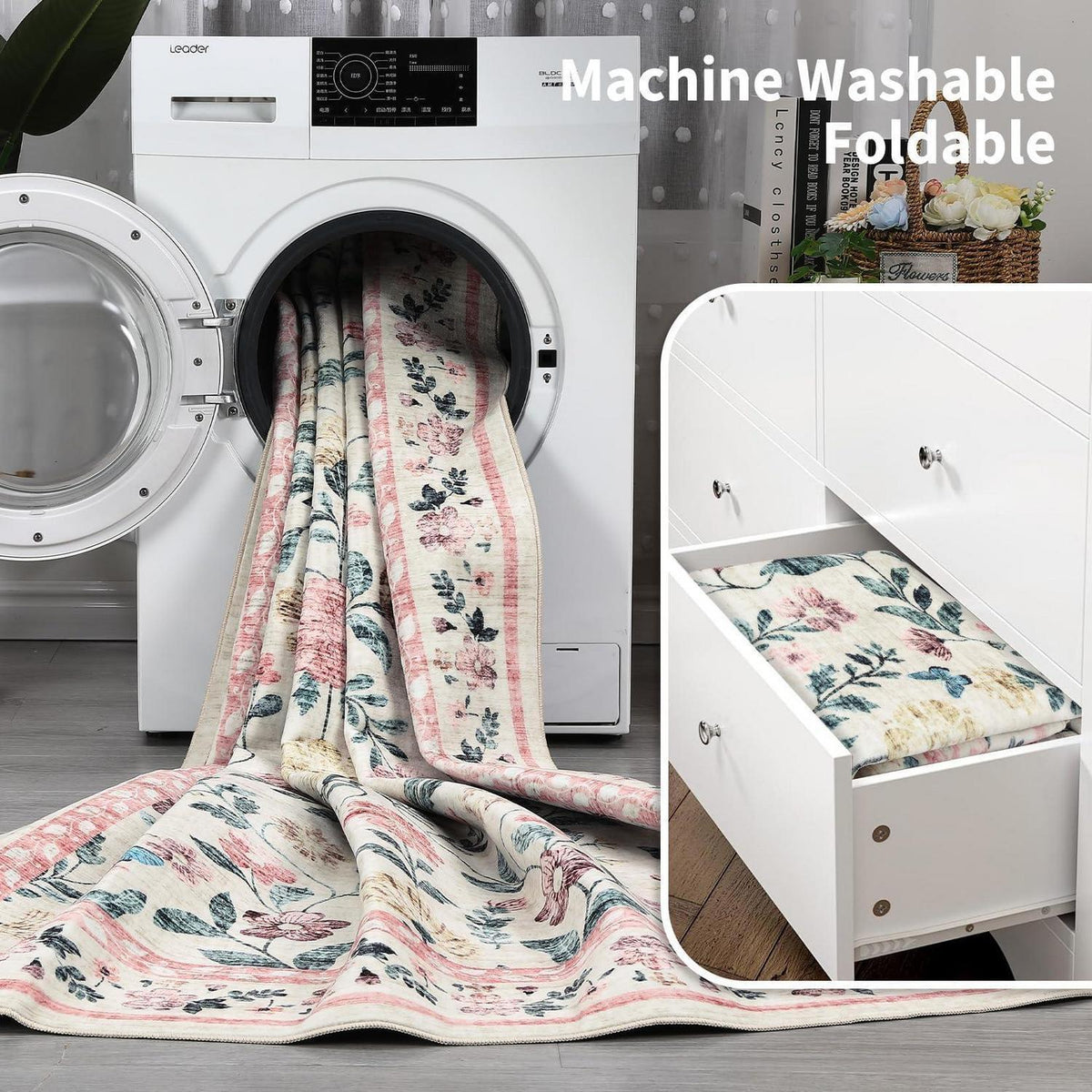 Waschbarer Teppich 200x290 cm – Rosa Blumenmuster, Rutschfest