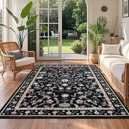 Waschbarer Teppich Schwarz 120x170 cm – Rutschfest & Blumenmuster