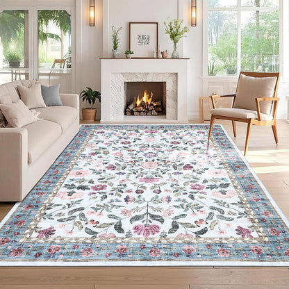Waschbarer Teppich blau 200x290 cm – Rutschfest & Blumenmuster