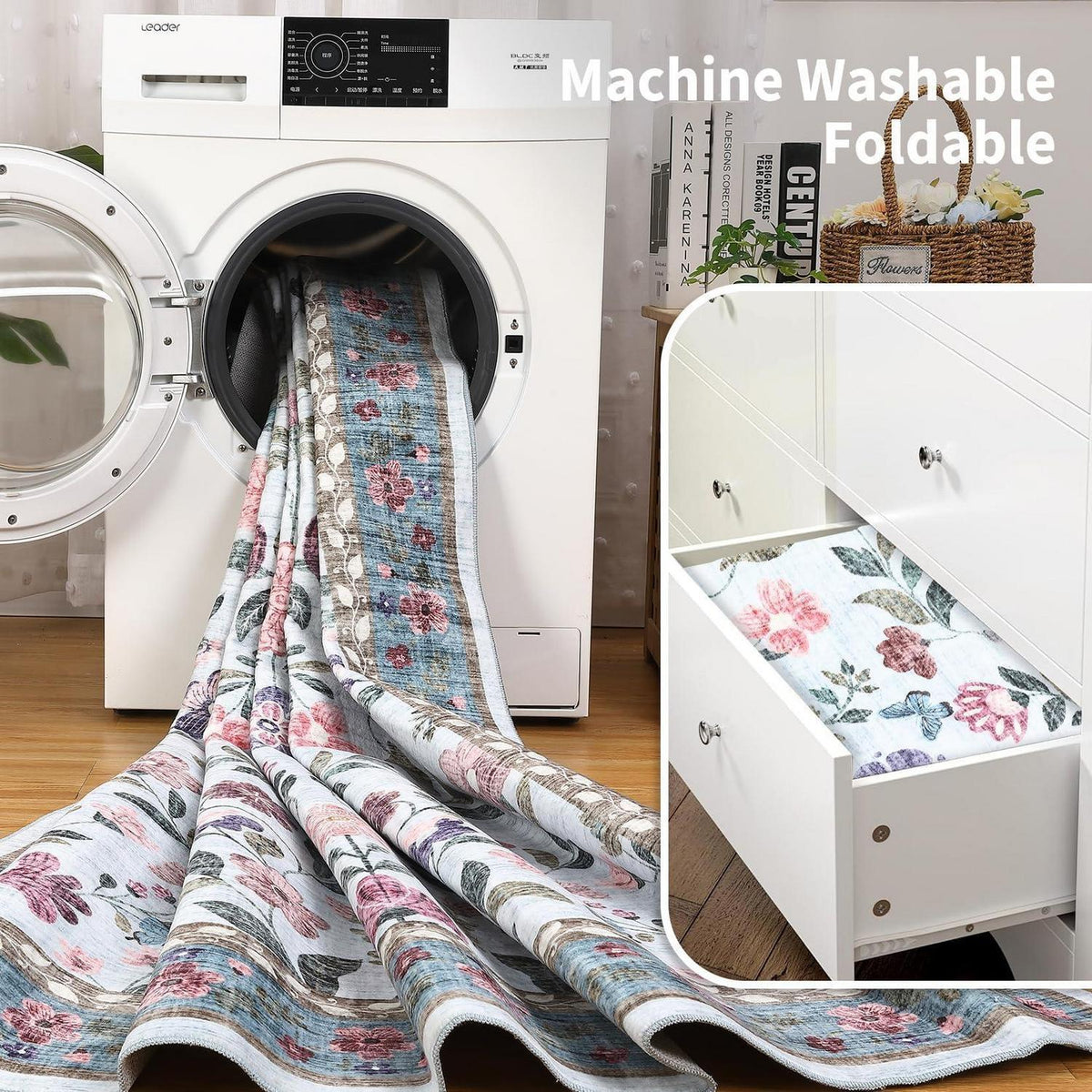 Waschbarer Teppich blau 200x290 cm – Rutschfest & Blumenmuster