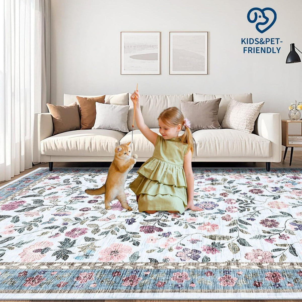 Waschbarer Teppich blau 200x290 cm – Rutschfest & Blumenmuster