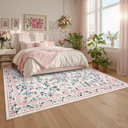 Waschbarer Teppich 160x230 cm – Rosa Blumenmuster, Rutschfest
