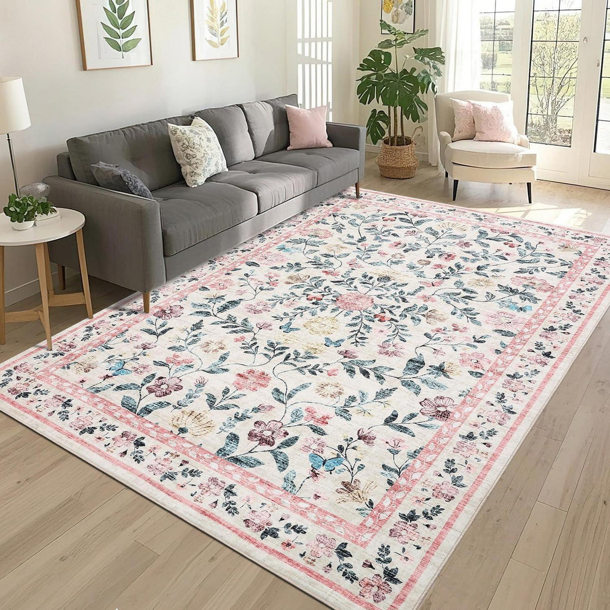 Waschbarer Teppich 160x230 cm – Rosa Blumenmuster, Rutschfest