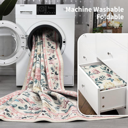 Waschbarer Teppich 160x230 cm – Rosa Blumenmuster, Rutschfest
