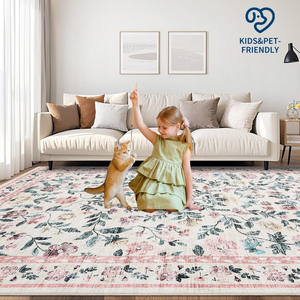 Waschbarer Teppich 160x230 cm – Rosa Blumenmuster, Rutschfest