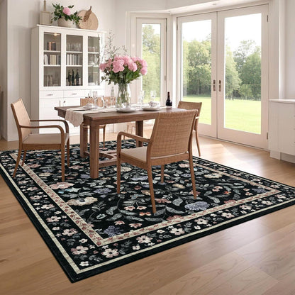 Wohnzimmer Teppich Blumenmuster Schwarz 160x230 cm Waschbar