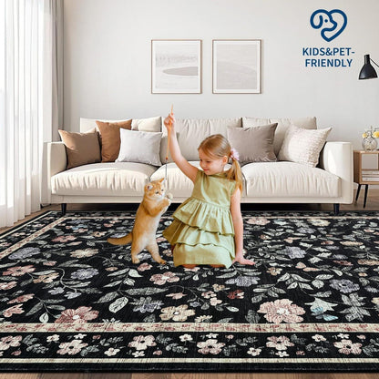 Wohnzimmer Teppich Blumenmuster Schwarz 160x230 cm Waschbar