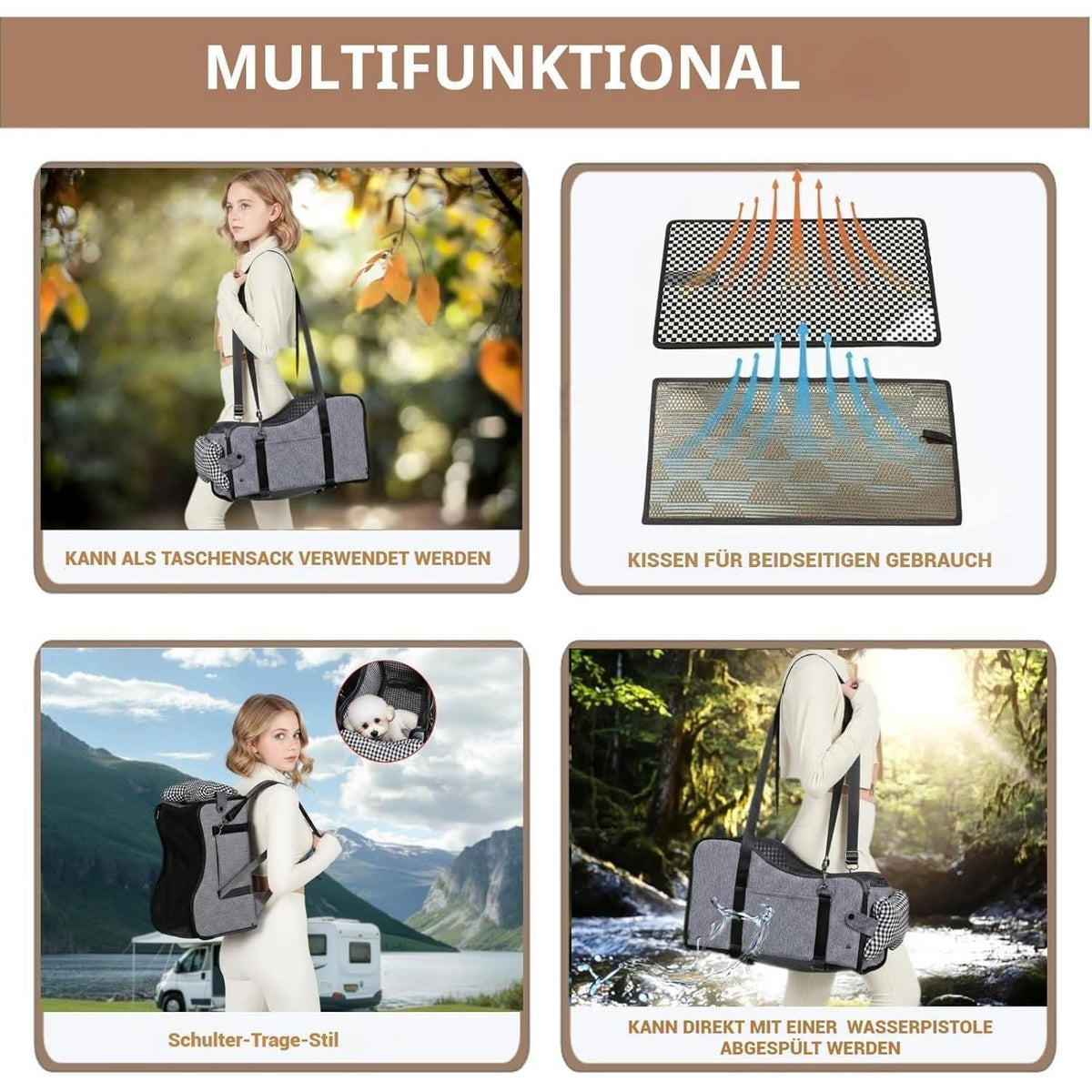 Hundeautositz Mittelkonsole für kleine Hunde (kariert, grau)