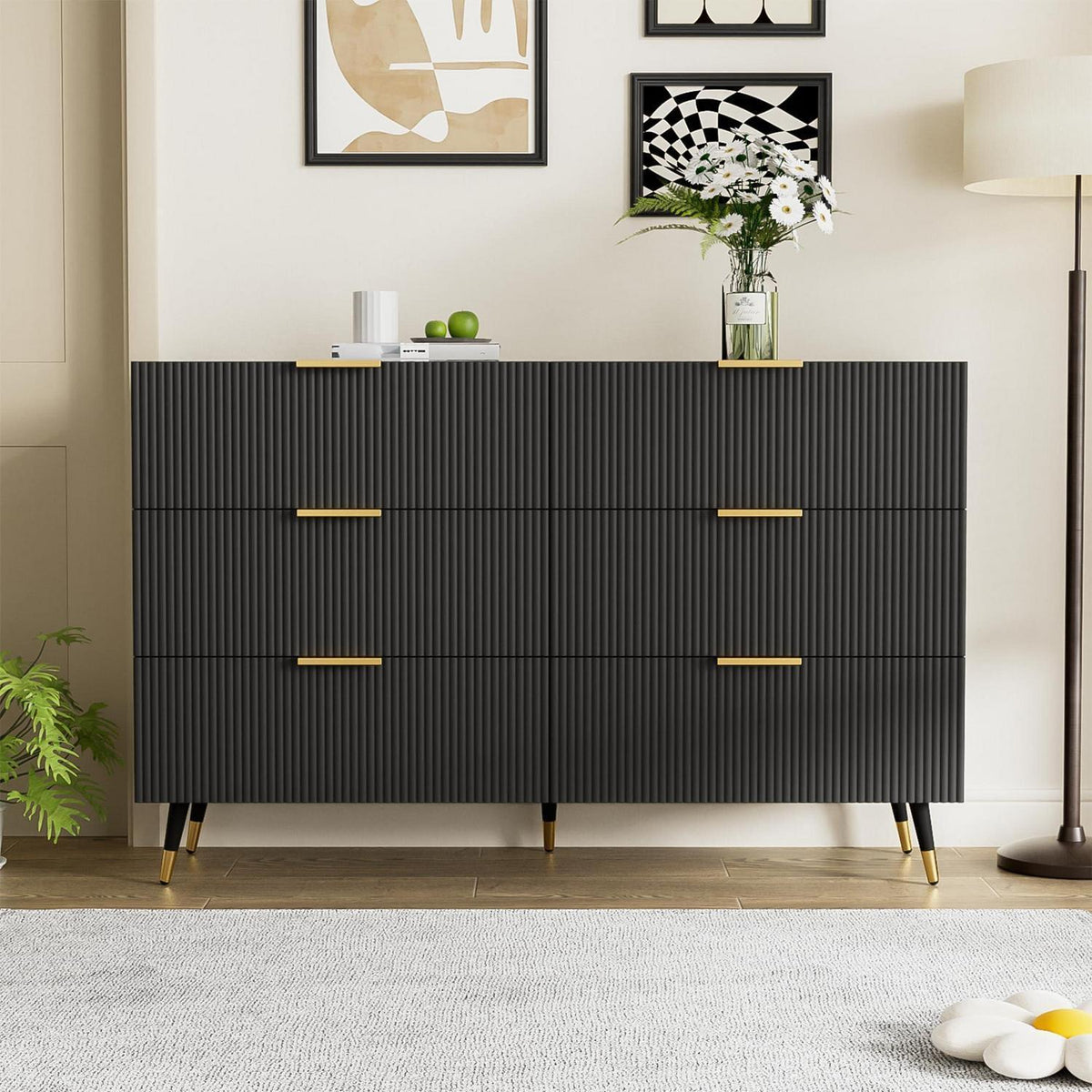 Modernes Sideboard Schwarz mit 6 Schubladen & Wellenmuster