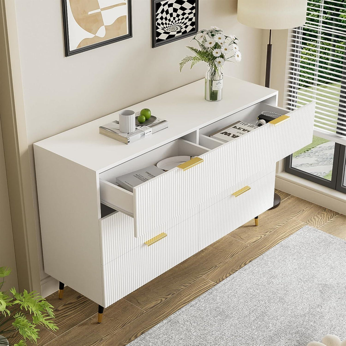 Modernes Sideboard Weiß mit 6 Schubladen & Wellenmuster