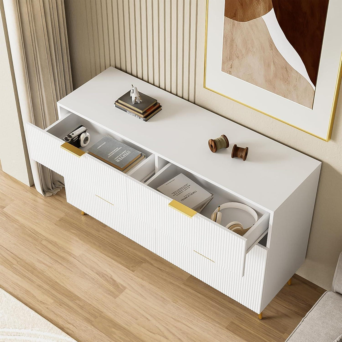 Modernes Sideboard Weiß mit 6 Schubladen & Wellenmuster