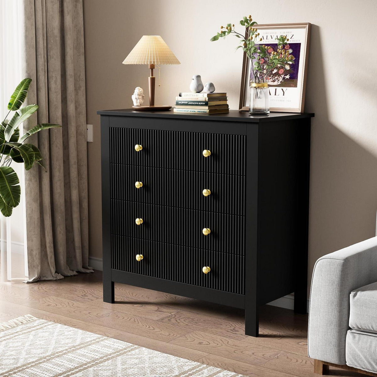 Modernes Sideboard mit 5 Schubladen & Goldgriffen, Schwarz