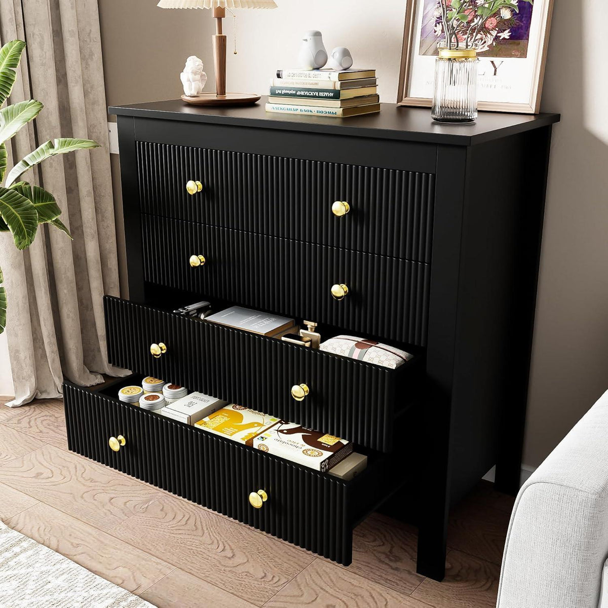 Modernes Sideboard mit 5 Schubladen & Goldgriffen, Schwarz