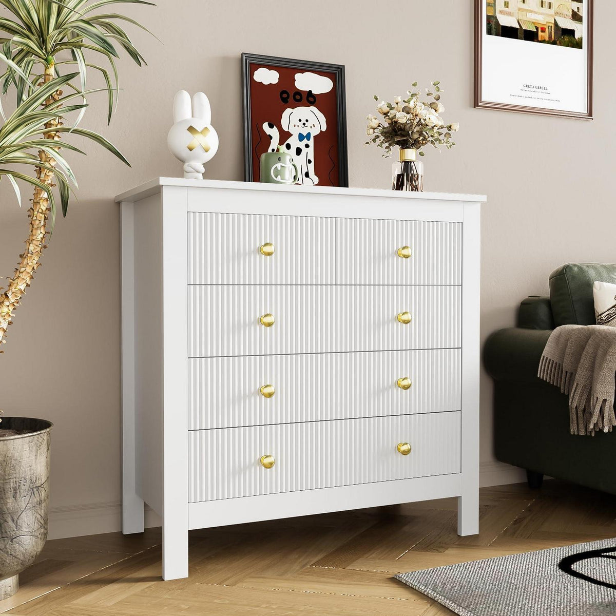 Modernes Sideboard mit 5 Schubladen, Weiß & Gold