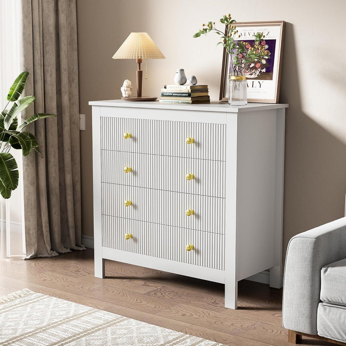 Modernes Sideboard mit 5 Schubladen, Weiß & Gold