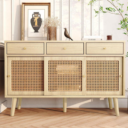 Rattan Sideboard mit 3 Schubladen & Schiebetüren, 120x40x78cm
