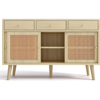 Rattan Sideboard mit 3 Schubladen & Schiebetüren, 120x40x78cm