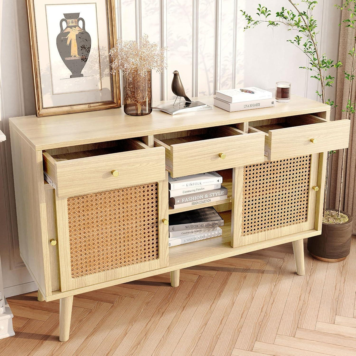Rattan Sideboard mit 3 Schubladen & Schiebetüren, 120x40x78cm