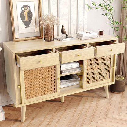 Rattan Sideboard mit 3 Schubladen & Schiebetüren, 120x40x78cm