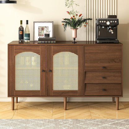 Rattan Sideboard mit 3 Schubladen & 2 Türen – Boho Schrank 130x40x75,5cm