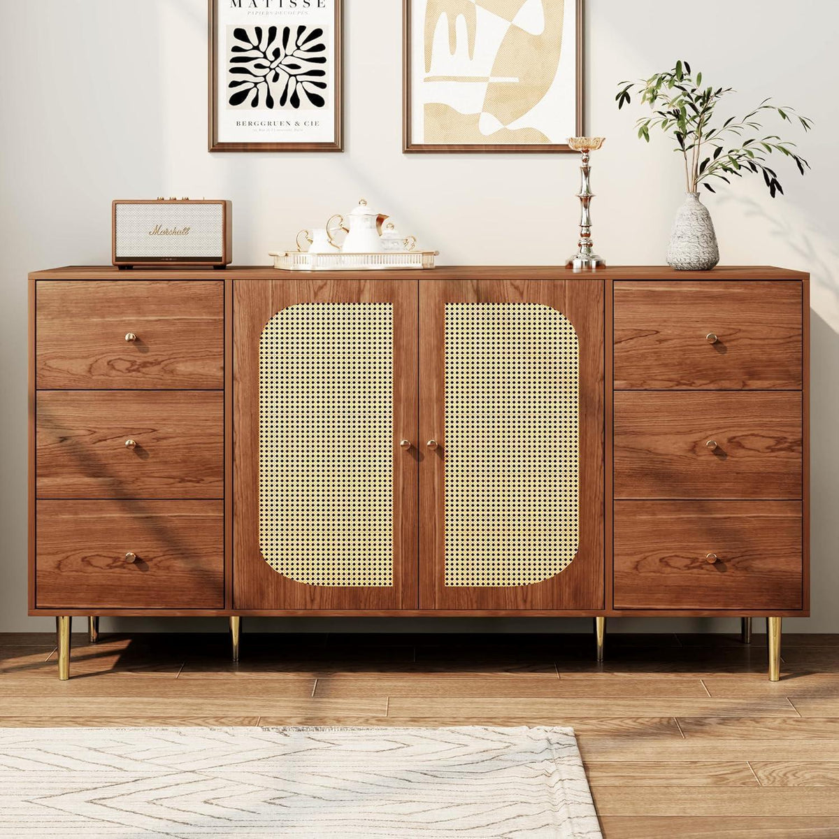 Sideboard Rattan & Holz | Kommode mit 6 Schubladen & 2 Türen (160x40x90cm)