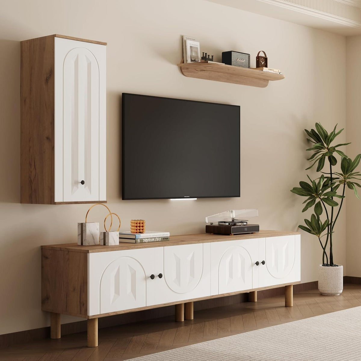TV Lowboard Wohnzimmer 3-tlg. Weiß & Natur | Kombi Design