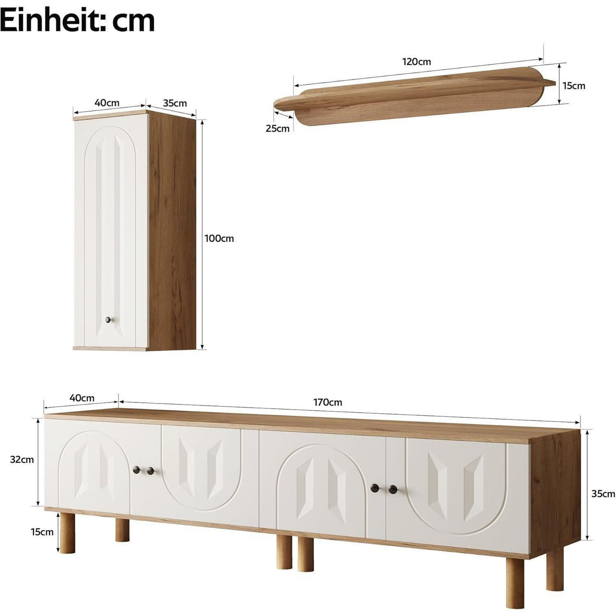 TV Lowboard Wohnzimmer 3-tlg. Weiß & Natur | Kombi Design
