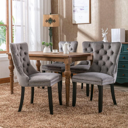 Esszimmerstühle Set 4 Grau, Samt & Holz, Tufted Design