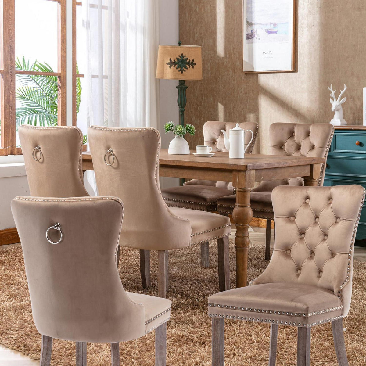 Esszimmerstühle 6er Set Samt, Gepolstert & Nieten Dekor Khaki