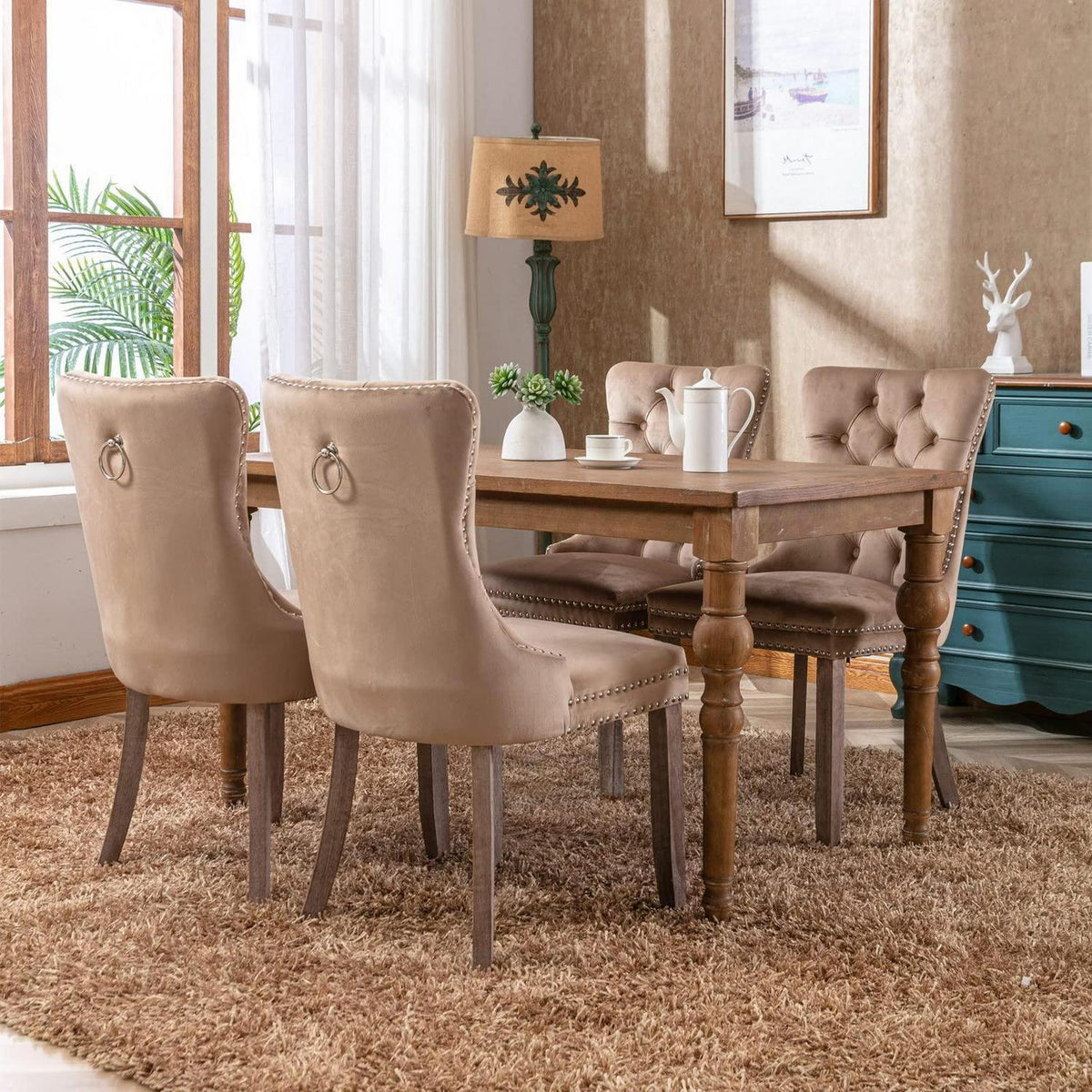 Esszimmerstühle Set 4er – Samt, Nieten & Holzbeine Khaki
