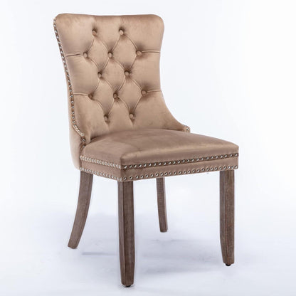 Esszimmerstühle Set 4er – Samt, Nieten & Holzbeine Khaki