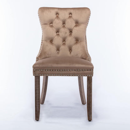 Esszimmerstühle Set 4er – Samt, Nieten & Holzbeine Khaki