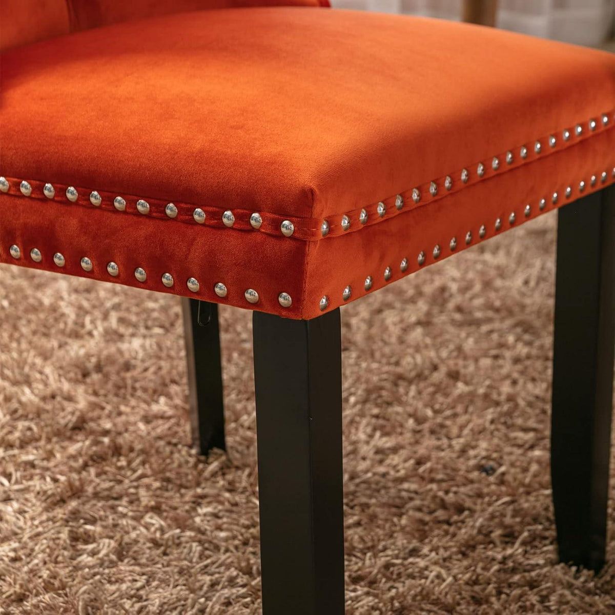 Esszimmerstühle 6er Set Samt, Gepolstert & Nieten Dekor Orange