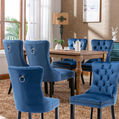 Esszimmerstühle 6er Set Samt Blau, Gepolstert & Nieten Design