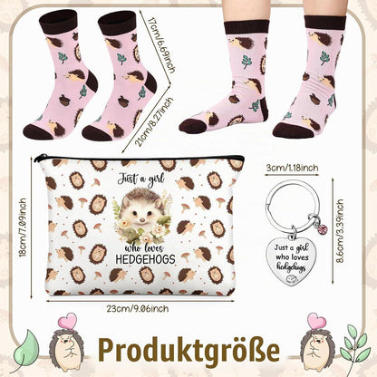 Igel Geschenkset für Tierliebhaber: Kosmetiktasche, Schlüsselanhänger & Socken