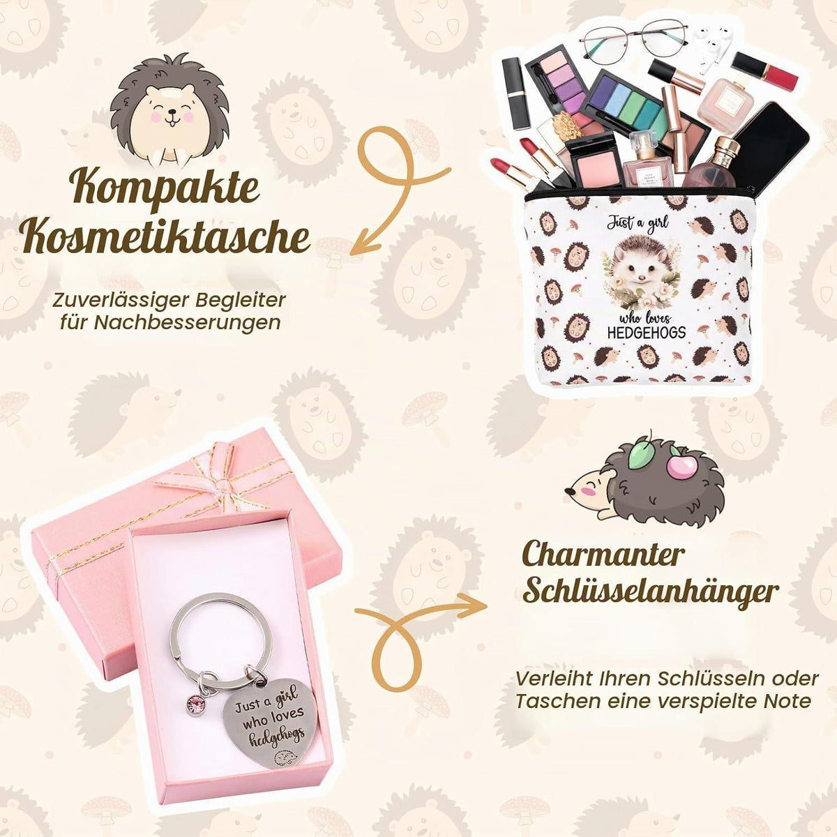 Igel Geschenkset für Tierliebhaber: Kosmetiktasche, Schlüsselanhänger & Socken