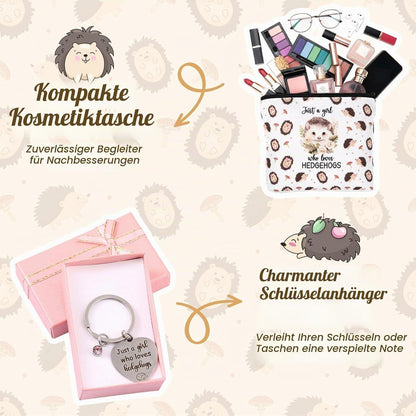 Igel Geschenkset für Tierliebhaber: Kosmetiktasche, Schlüsselanhänger & Socken