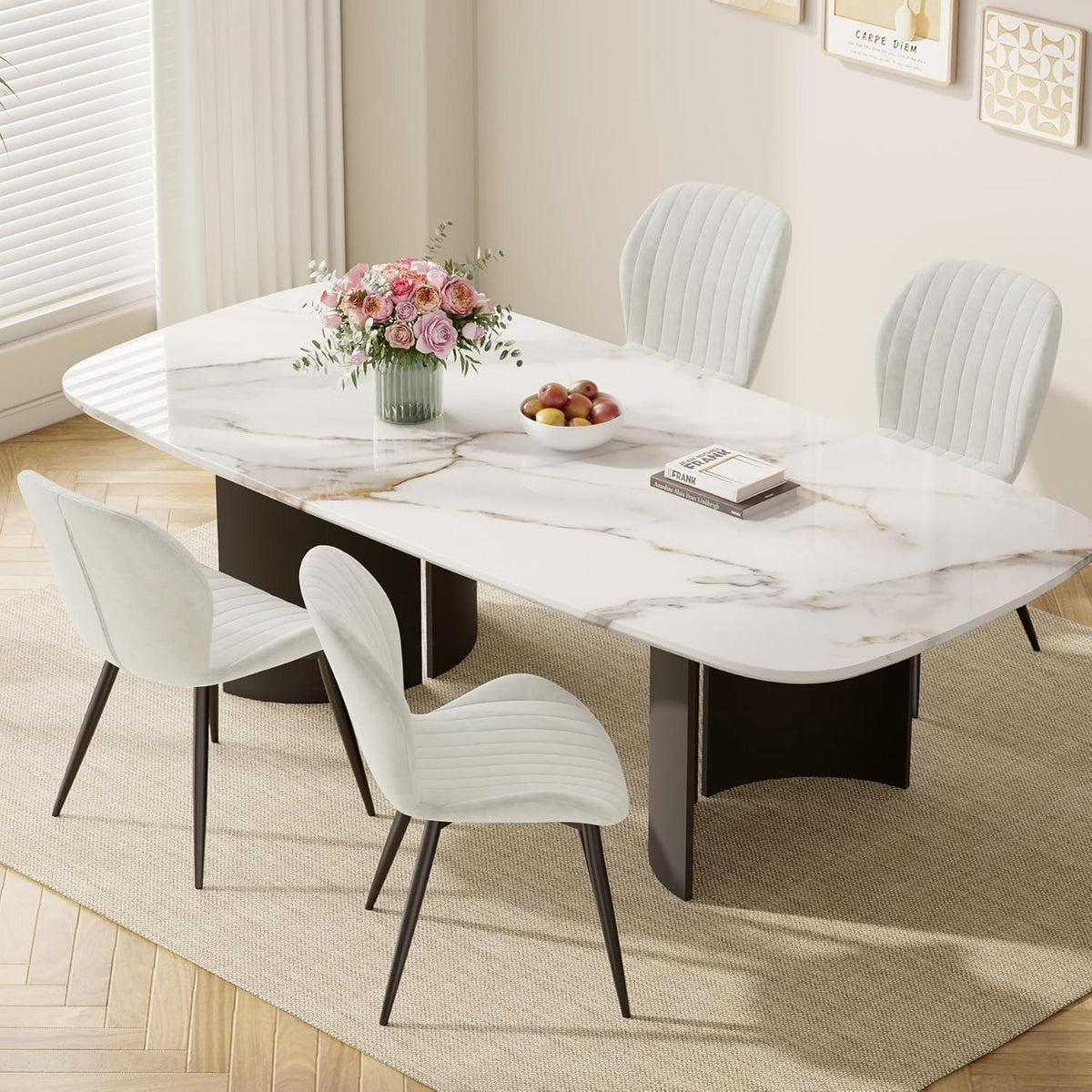 Esszimmerstühle Set 4er – Samt Creme, Ergonomisch & Robust