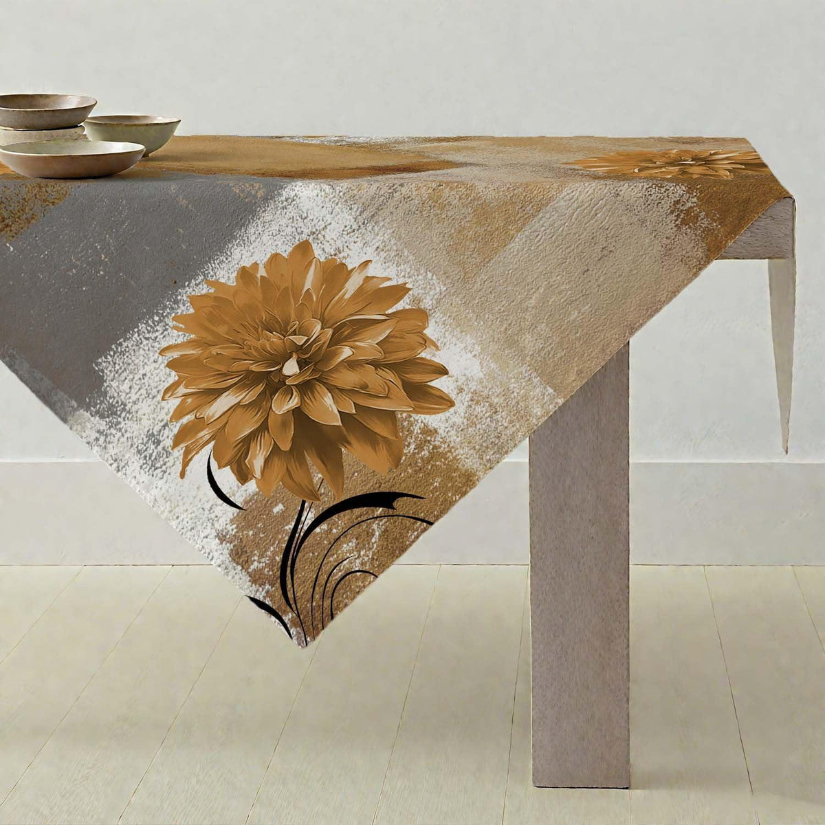 Orange-Braune Tischdecke Retro Blume 100x100cm