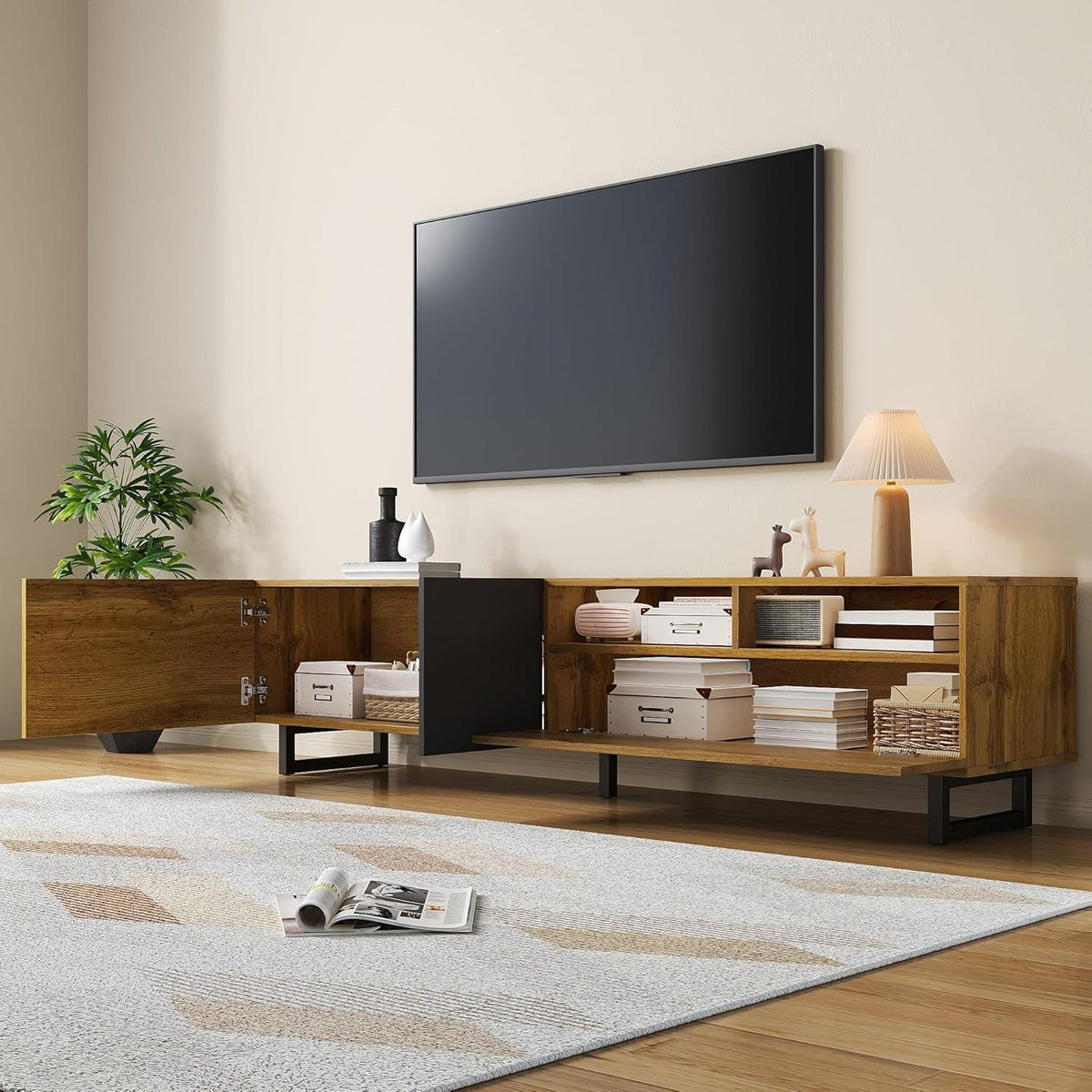 TV Lowboard mit 3 Türen & Stauraum – Schwarz & Natur
