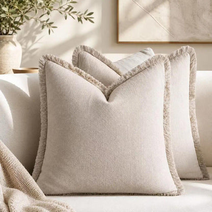 2er Set Baumwoll Kissenbezüge mit Fransen, 40x40 cm, Beige