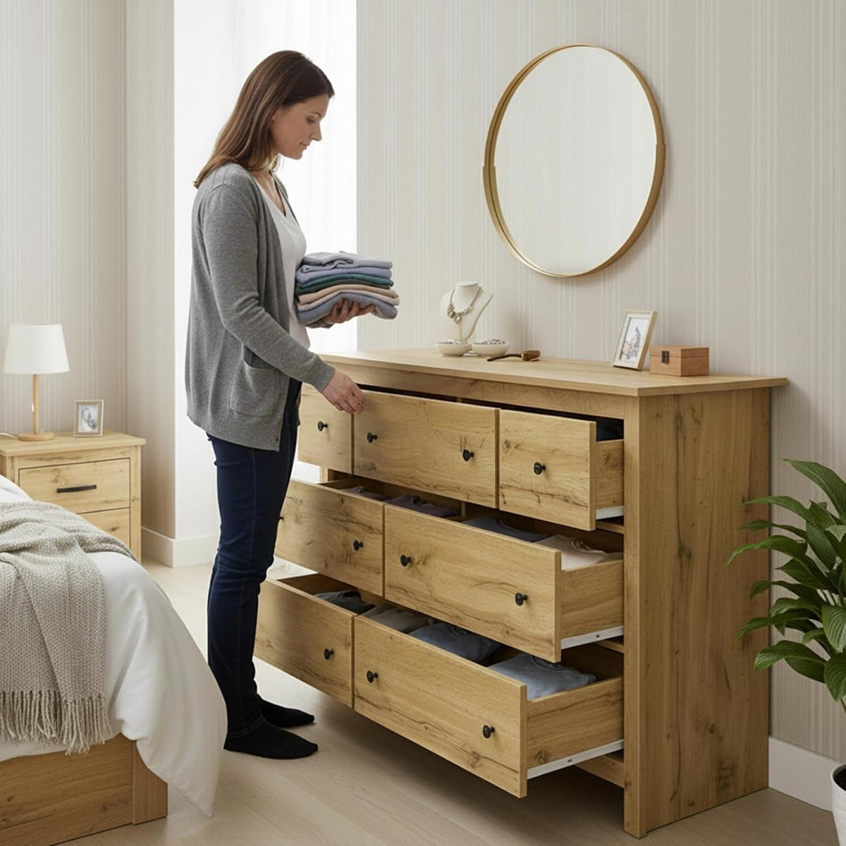 Kommode mit 7 Schubladen | Sideboard Holz, Verstellbar, 152x40x89cm