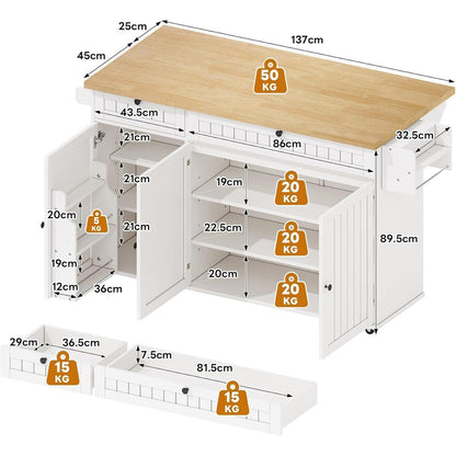 Bewegliche Kücheninsel mit Arbeitsplatte & Schubladen Weiß
