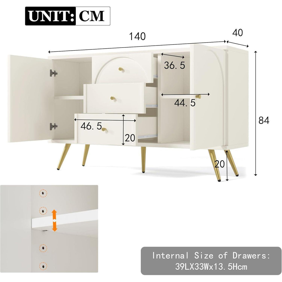 Weißes Sideboard mit 2 Türen & 3 Schubladen – 140x40x84cm