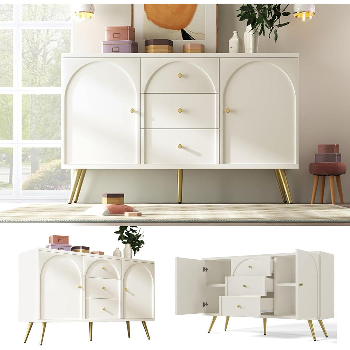 Weißes Sideboard mit 2 Türen & 3 Schubladen – 140x40x84cm
